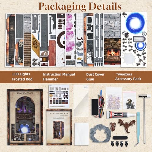 MiniCity Blade and Magic Book Nook Kit, DIY Wooden Miniature Scene with LED - color: Blade and Magic