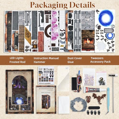 MiniCity Blade and Magic Book Nook Kit, DIY Wooden Miniature Scene with LED - color: Blade and Magic