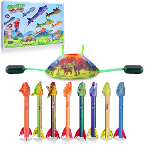 Gizzjoy Dinosaur Rocket Launcher for Kids - Launch Up to 100 Ft, 8 Rockets and 2 Pads for Multi-Player, Dinosaur Toys, Birthday Gift Ideas, for 3 4 5 6 7 Year Old Boys, Outdoor Outside - style: Double Dinosaur Rocket Launcher