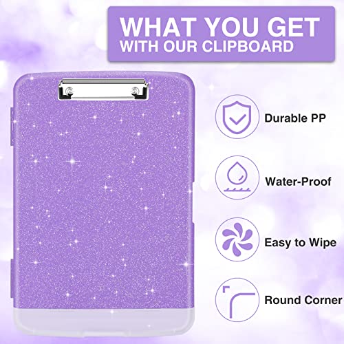 Sooez Glitter Clipboard with Storage, High Capacity Clip Boards 8.5x11 with Pen Holder, Cute Clipboards with Low Profile Clip, Sparkle Plastic Organizer Case Box for Women & Kids, Side Opening - color: Glitter Purple