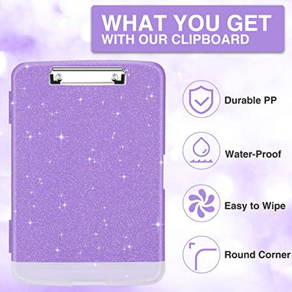 Sooez Glitter Clipboard with Storage, High Capacity Clip Boards 8.5x11 with Pen Holder, Cute Clipboards with Low Profile Clip, Sparkle Plastic Organizer Case Box for Women & Kids, Side Opening - color: Glitter Purple