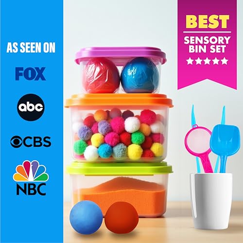 LOLO TOYS Sensory Kit for Toddlers and Kids - Includes 3 Bins with Lids, Play Tools, Sand, Feathers, Clay, Color Beads and Pom Poms Kids Box Fillers (Starter Set)