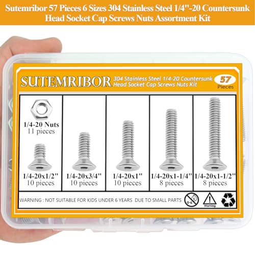 57 Pieces 1/4-20 x 1/2", 3/4", 1", 1-1/4", 1-1/2", Countersunk Head Socket Cap Screws Nuts Assortment Kit - size: 1/4"-20, style: Countersunk Head Socket Cap