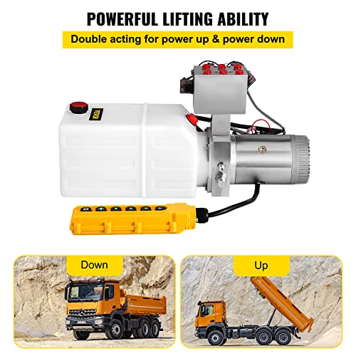 VEVOR Hydraulic Power Unit 6 Quart 6 Way Hydraulic Pump Double Acting Hydraulic Power Unit 12V DC Dump Trailer Car Remote with Plastic Oil Reservoir (Plastic, Double Acting)