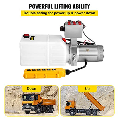 VEVOR Hydraulic Power Unit 6 Quart 6 Way Hydraulic Pump Double Acting Hydraulic Power Unit 12V DC Dump Trailer Car Remote with Plastic Oil Reservoir (Plastic, Double Acting)