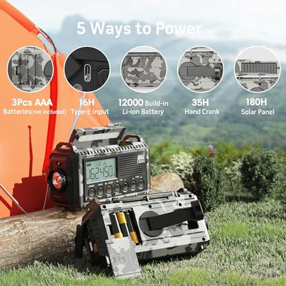 Mesqool Emergency Radio NOAA/AM/FM/SW, 12000mAh Battery Powered - color: Gray Camo