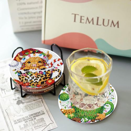 Christmas Cow Diamond Art Coasters Kit, 8 Pieces Diamond Painting Coasters - color: Christmas Cow