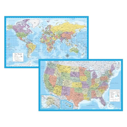 2 Pack - Laminated World Map & US Map Poster Set - Wall Chart Map of the World & United States - Made in the USA [Light Blue] - color: Light Blue