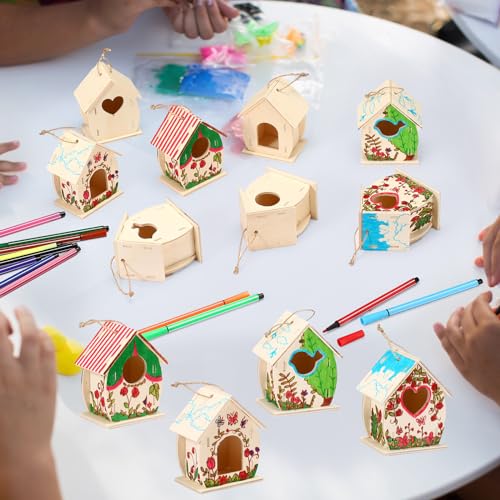 Outus 12 Pcs Wooden Birdhouse Craft Kits to Build, 4 Shapes Wooden Unfinished Bird House with Butterfly Sticker for and Arts Crafts Bulk Painting Kits (Lovely) - style: Lovely