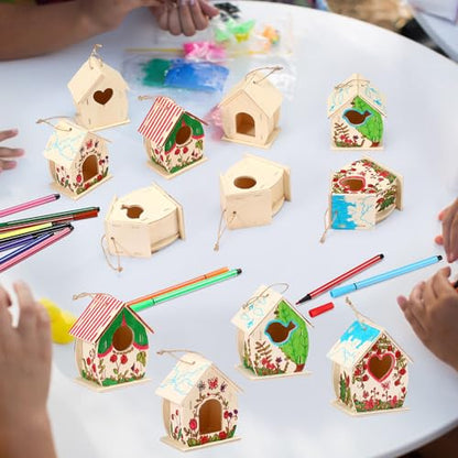Outus 12 Pcs Wooden Birdhouse Craft Kits to Build, 4 Shapes Wooden Unfinished Bird House with Butterfly Sticker for and Arts Crafts Bulk Painting Kits (Lovely) - style: Lovely
