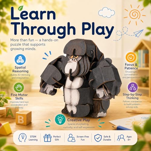 MierEdu Build 'N' Sound 3D Puzzle for Kids, Animal Puzzle with Sound Module, Educational STEM Craft Kit, FSC Paper Model Building Toy Gift for Ages 6+ - color: Silverback Gorilla