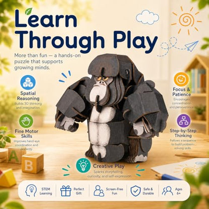 MierEdu Build 'N' Sound 3D Puzzle for Kids, Animal Puzzle with Sound Module, Educational STEM Craft Kit, FSC Paper Model Building Toy Gift for Ages 6+ - color: Silverback Gorilla