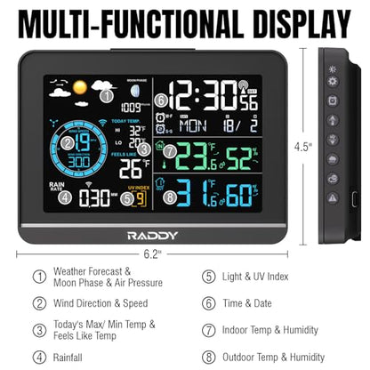 Raddy UV-6 Professional Weather Station with 6" VA Display and Outdoor Sensor, Wireless Indoor Outdoor Temperature & Humidity Monitor, Atomic Clock, UV & Light Index, Wind Speed, Rain Gauge
