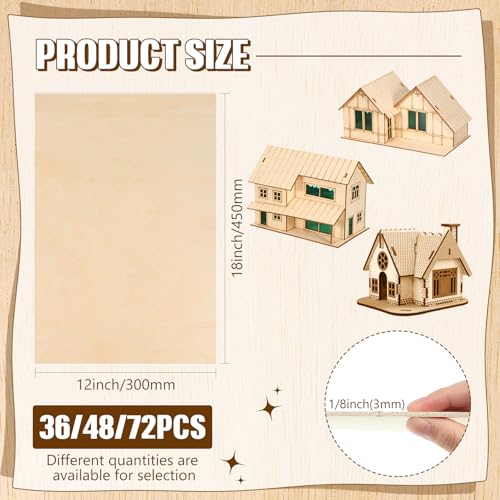 Riakrum Basswood Sheets Plywood Board Unfinished Wood Boards for Crafts for DIY Laser Projects Architectural Mini House Building Hobby Model Making(12 x 18 x 1/8 Inch,48) - size: 12 x 18 x 1/8 Inch