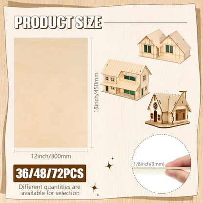 Riakrum Basswood Sheets Plywood Board Unfinished Wood Boards for Crafts for DIY Laser Projects Architectural Mini House Building Hobby Model Making(12 x 18 x 1/8 Inch,48) - size: 12 x 18 x 1/8 Inch