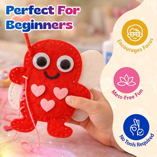 Valentine Gift for Kids, Love Bugs Kids Sewing Kit - Make & Gift Felt Plush Craft, Sew 2 Stuffed Love Bugs (Red & Pink), Precut Felt, Needle, Thread, Polyfill, Googly Eyes, Gift Cards, Ages 5+ - color: Love Bugs