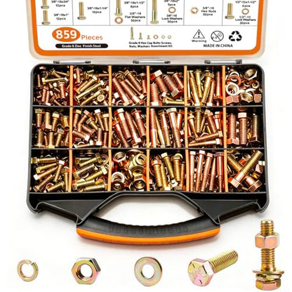 859PCS Grade 8 SAE Bolt Assortment Kit with Storage Box, Heavy-Duty Yellow Zinc Plated Alloy Steel Hex Bolt Set, Nuts with Flat & Lock Washers (1/4-20,5/16-18,3/8-16,1/2-13) for Home Improvement - size: 859pcs 1/4-20,5/16-18,3/8-16,1/2-13