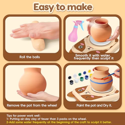 Skirfy Pottery Wheel for Kids, Pottery Kit with Air Dry Clay & USB Power - color: Brown