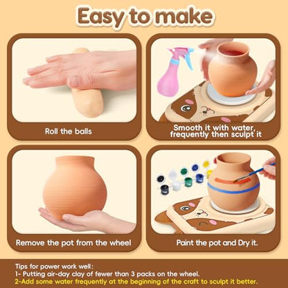Skirfy Pottery Wheel for Kids, Pottery Kit with Air Dry Clay & USB Power - color: Brown