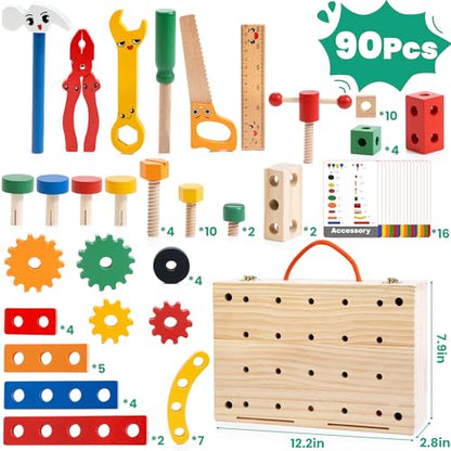 WOOOMAM Kids Tool Set, 90 PCS Wooden Toddler Tool Set with Box and Flash Cards, Tool Kit for Kids Age 3-5 Years, Toddler Boy Toys, FSC Certified Material - style: Deluxet