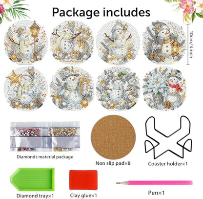 Xylogist 8 Pcs Christmas Snowman Diamond Art Coasters with Holder Cork Pads - color: Christmas Snowman B Coasters