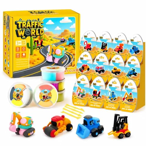 Air Dry Clay Kit for Kids – 12 Pack Construction Vehicles Modeling Clay Set - color: Yellow Traffic Kit