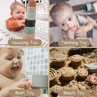 Moonkie Stacking Cups Toy, Fun Educational Baby Toys Silicone Soft Teething Toy, Age 6+ Months, 7 Piece Set - color: Retro