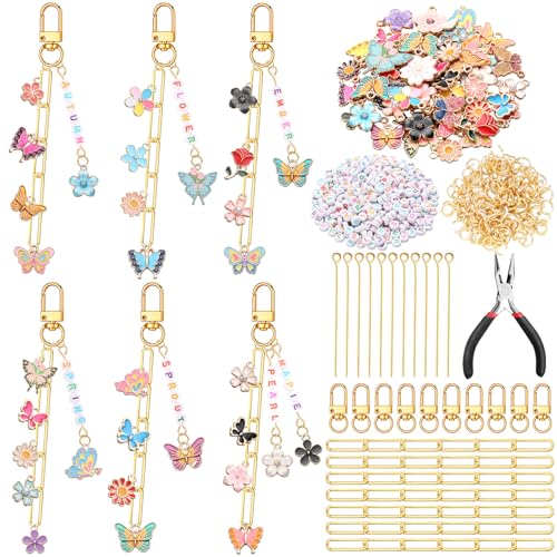 CraftyDream 558Pcs Flower Butterfly Keychain Making Kit Name Bead DIY Craft - style: Flower, Butterfly
