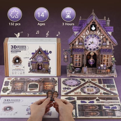 3D Wooden Puzzles for Adult,DIY Cuckoo Clock Kit(Magic Bookstore) - color: Halloween Clock