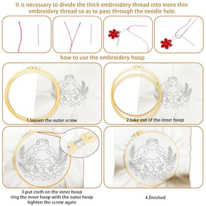 BEUNITONE 4 Sets Sea Turtle Embroidery Kits for Beginners DIY Craft Kits for Adults with Printed Patterns, Hoops and Instructions, Hibiscus Flower Needlepoint Kits for Clothing and Home Decor - style: A-Sea Turtle