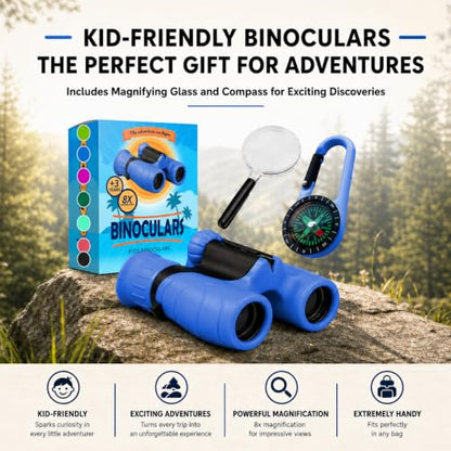 Binoculars for Kids – Perfect Toy for Little Boys and Girls – Extensive Set Incl. Magnifying Glass & Compass – Powerful Magnification 8X21 – 3 to 12 Year Old Kids for Toddler - color: Blue