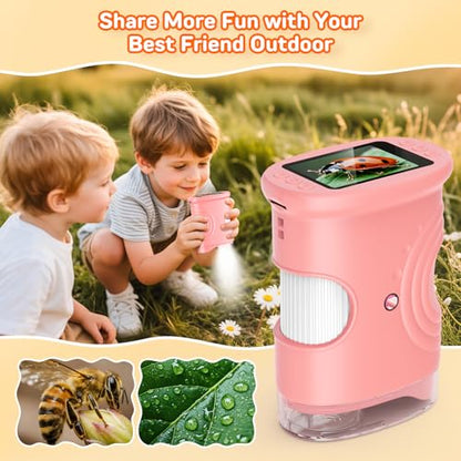 Microscope for Kids with 2.0" IPS Screen Girls Handheld Outdoor Gifts - color: Pink