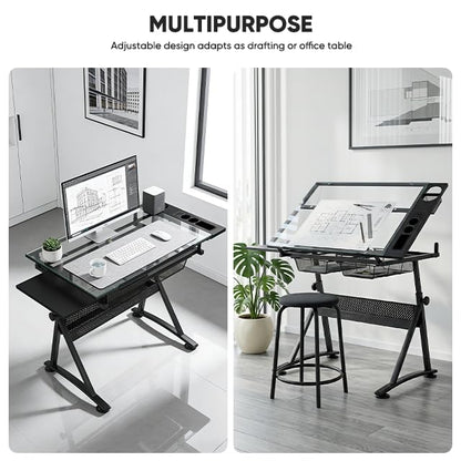 Magshion Drafting Table Adjustable Drawing Table w/Stool - color: Clear & Black