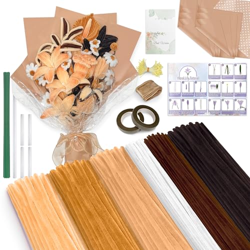 LINAYE 500 PCS Pipe Cleaners Craft, 6 Colors Pipe Cleaners Flowers Kit, Chenille Stems for Crafts with Instruction Wrapping Paper, Flower Stamens, Stems Art and Craft Supplies Brown - color: Brown
