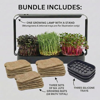 Microgreens Growing Trays Bundle, Growing Lamp, 3 Silicone Trays & 18 Jute Mats, Microgreens Growing Kit Refill, Seed Sprouting & Indoor Grow Accessories (No Seeds)
