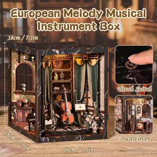 DIY Book Nook Kit with LED Light, Miniature Dollhouse, 3D Wooden Puzzle, Bookshelf Insert Decor Craft Gift (European Melody MusicalInstrument Box) - style: European Melody MusicalInstrument Box