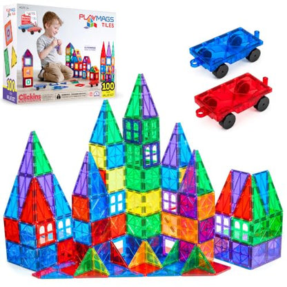 Magnetic Tiles for Kids 100-Piece Set, STEM Educational Building Blocks, Includes 2 Cars & Click-in ABC Learning Tiles, Gift for Boys & Girls, Magnetic Figures & 2 or 4 Car Set Add-Ons Available
