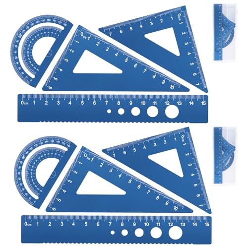 Honagu Triangular Ruler Set, 8 Pieces/2 Sets Aluminum Alloy Ruler, Metal Drafting Ruler, Geometric Protractor for Students, Draftsmen, Engineers, School Office Supplies (Blue+Blue) - color: Blue+Blue
