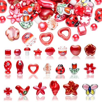 Red Ceramic Beads for Jewelry Making, 50Pcs - color: Red