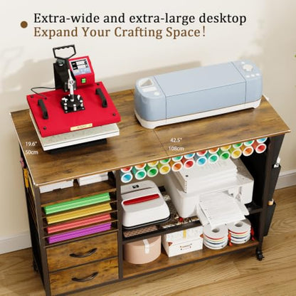 VENNQD Large Heat Press Table Stand, Rolling Heat Transfer Machine Desk Cart Drawers Compatible with Cricut Machines Vinyl Roll Holder DIY Organizer Crafting Table Workbench (Rustic Brown) - color: Rustic Brown