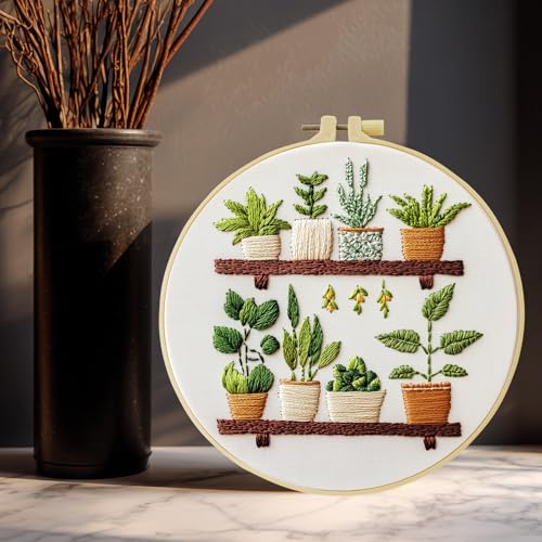 JOZYSH Full Range Embroidery Kit for Adult, Green Plant Pattern Embroidery Kit for Beginners Include Embroidery Cloth Hoops Threads for Craft Lover Hand Stitch with Embroidery Skill Techniques - color: Green plants