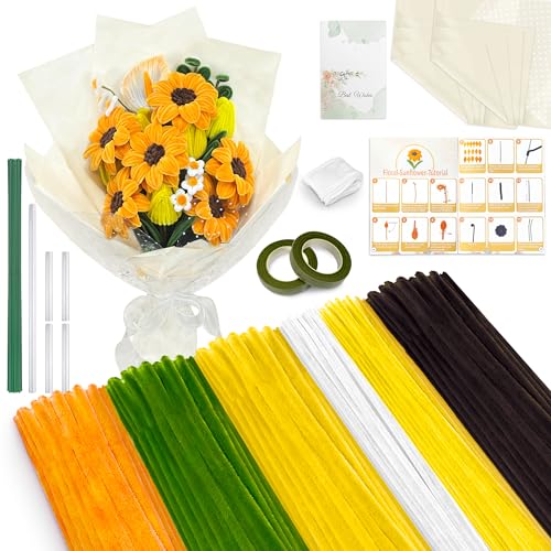LINAYE 500 PCS Pipe Cleaners Craft, 6 Colors Pipe Cleaners Flowers Kit, Chenille Stems for Crafts with Instruction Wrapping Paper, Stems Art and Craft Supplies Yellow - color: Yellow