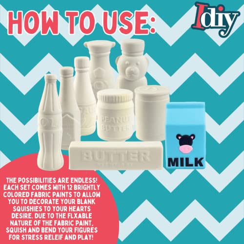 Idiy Jumbo Squishy Toys Craft Kit (9 Pack Kawaii Pantry Foods) – Paint Your Own Slow Rising Squishies DIY Grocery Art Set – Includes 12 Fabric Paints & Condiment Toys – Quirky Gift for Kids & Tweens - color: Food Pantry - 9pc