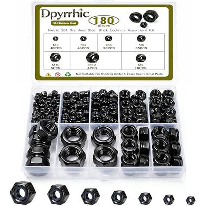 Dpyrrhic 180 Pcs Locknuts Assortment Kit,Black 304 Stainless Steel Lock Nuts Kit Metric Nylon Insert Lock Nuts Set,M3 M4 M5 M6 M8 M10 M12 Size Assortment Kit