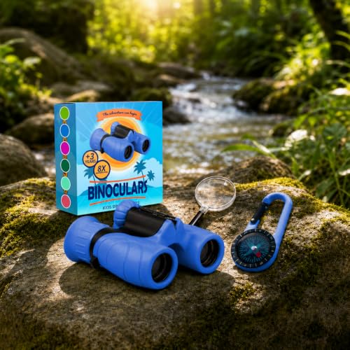 Binoculars for Kids – Perfect Toy for Little Boys and Girls – Extensive Set Incl. Magnifying Glass & Compass – Powerful Magnification 8X21 – 3 to 12 Year Old Kids for Toddler - color: Blue
