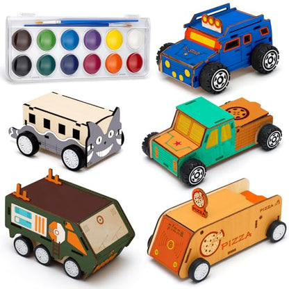 Minyaluck 5 Wooden Cars Craft Kit-Build Paint Wooden Crafts