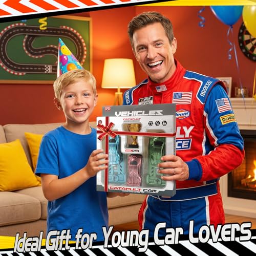 Aooess 6 PCs Catapult Car Toy for Kid 3-5 Car Toy Set with Launchers Trophy