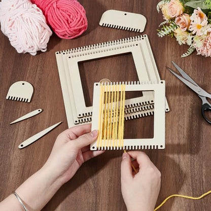 WEBEEDY 8 Pcs Wooden Square Weaving Loom for Adults Beginners, 4 Sizes Small Wood Loom with 2 Wood Needles & 2 Combs for Home Knitting Weaving Art Making Decor