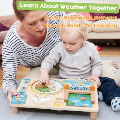 Wooden Weather Station Cognitive Board with 24 Cards, Climate Teaching Toy, Weather Board for Kids, Learning Daily Weather Condition Changes, Months Temperature & Seasons Toys for 3,4,5 Years Old
