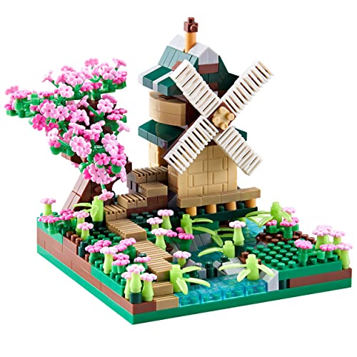JXRLMB Architecture River Windmill Tree Cute Micro Mini Building Blocks Sets Trees Flowers for Adults, Idea Cherry Blossom Present Model Kit 600+ pcs - color: Spring